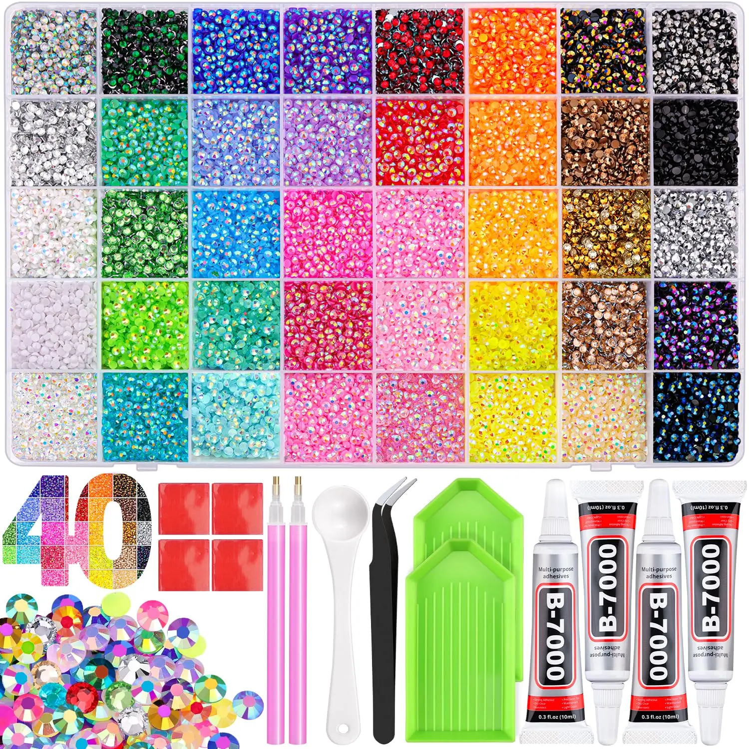 TINKRSTUFF 50000Pcs 3mm Jelly Rhinestones Bedazzling Kit | 40 Colors Flatback Bedazzler Gems, 3Pcs B7000 Jewelry Glue, Diamond Art Tools for Bedazzle Thing Shoes Books Crafts Nail Art