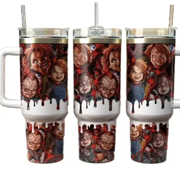[Gift Box Included] 40oz, 20oz Chucky Horror Movie Halloween Print Stainless Steel Tumbler with Handle and Straw Vacuum Insulated Travel Mug Fits Car Cup Holder Cool Gift for Horror Fans