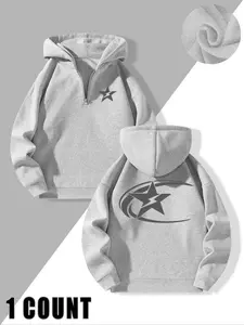 Men's Star Graphic Quarter-Zip Hoodie, Fleece-Lined Streetwear Pullover, Multiple Colors Available Casual Comfortable Top for Urban Style Lovers & Daily Leisure, Casual Fashion Sweatshirt
