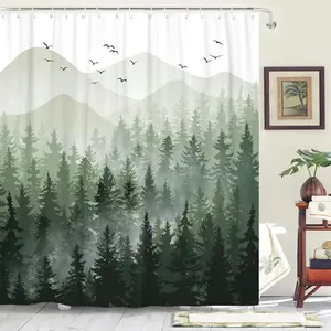 Misty Forest Shower Curtain, Green White Mountain Pine Tree Waterproof Fabric Shower Curtains for Bathroom, Nature Woodland Decorative Modern Bath Curtain Decor