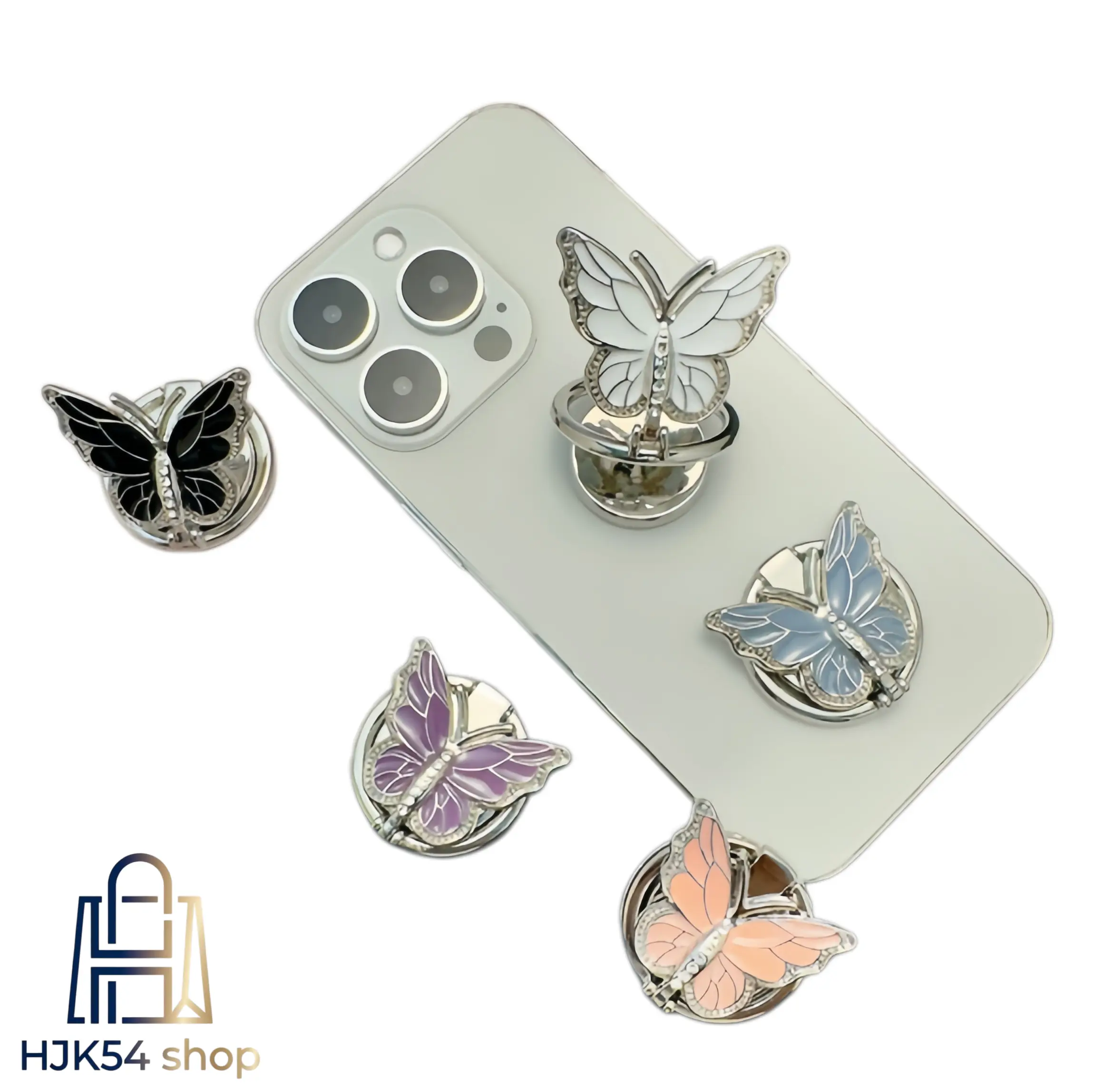 Pastel Enamel Rhinestone Butterfly Cellphone Ring Holder Accessory - 360° Rotatable Metal Finger Kickstand, Secure Cute Insect Mount for iPhone/Android, Handy Daily Use Fashion Accessory