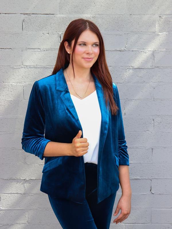 Velvet Blazer with Ruched Sleeves in Teal Color - Detailed Product Description Provided