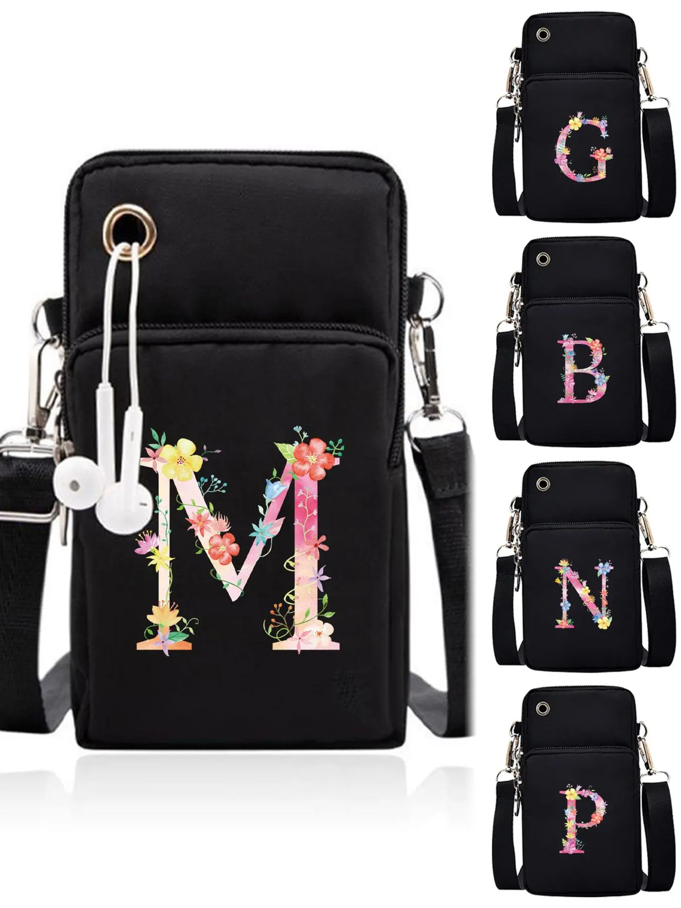 Women's Cute Letter & Flower Pattern Zipper Crossbody Bag, Fashion Crossbody Bags, Phone Wallet Bag with Earphone Port, Crossbody Shoulder Bag