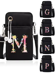 Women's Cute Letter & Flower Pattern Zipper Crossbody Bag, Fashionable Phone Wallet Bag with Earphone Port, Fashionable Patterned Bag, Versatile All-match Crossbody Bag for Women & Girls