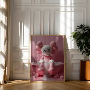 Pink Kaws Having a Bath, Funny Hypebeast Design, Minimalist Kaws Graffiti Print, Modern Luxury Decor, Bathroom Wall Art, No Frame