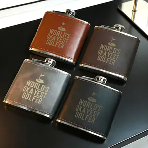 World's Okayest Golfer Funny Quote Design Leather Flask, Stainless Steel & Leather Portable Liquor Flask, Compact Reusable Drinking Flask, Suitable for Whiskey, Bourbon, Liquor, Travel-Friendly Pocket Flask, Perfect Gift for Golf Enthusiasts