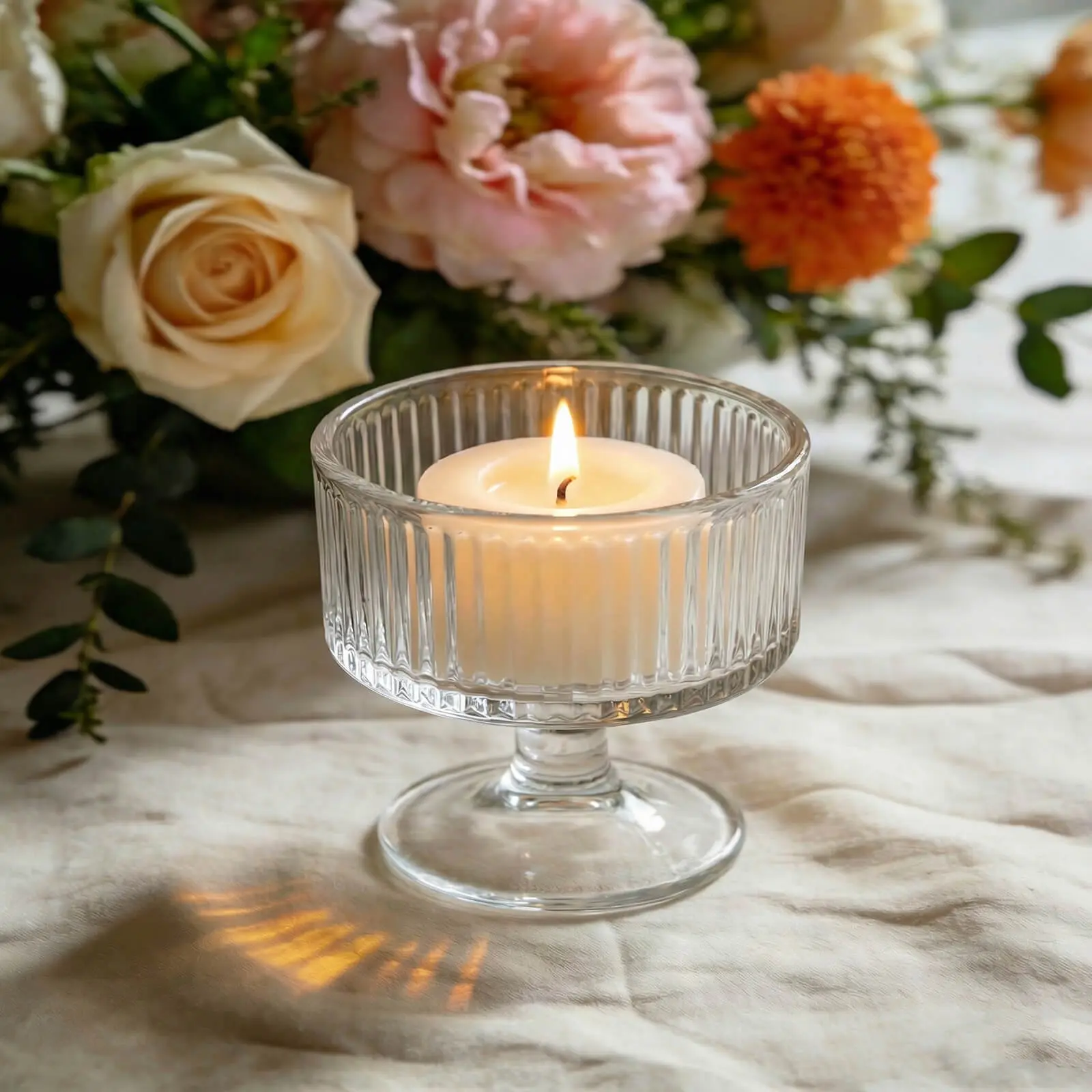 6 Pack 3" Clear Ribbed Glass Candle Holders – Vintage Coupe Pedestal Candle Cups for Floating & LED Candles, Table Centerpieces