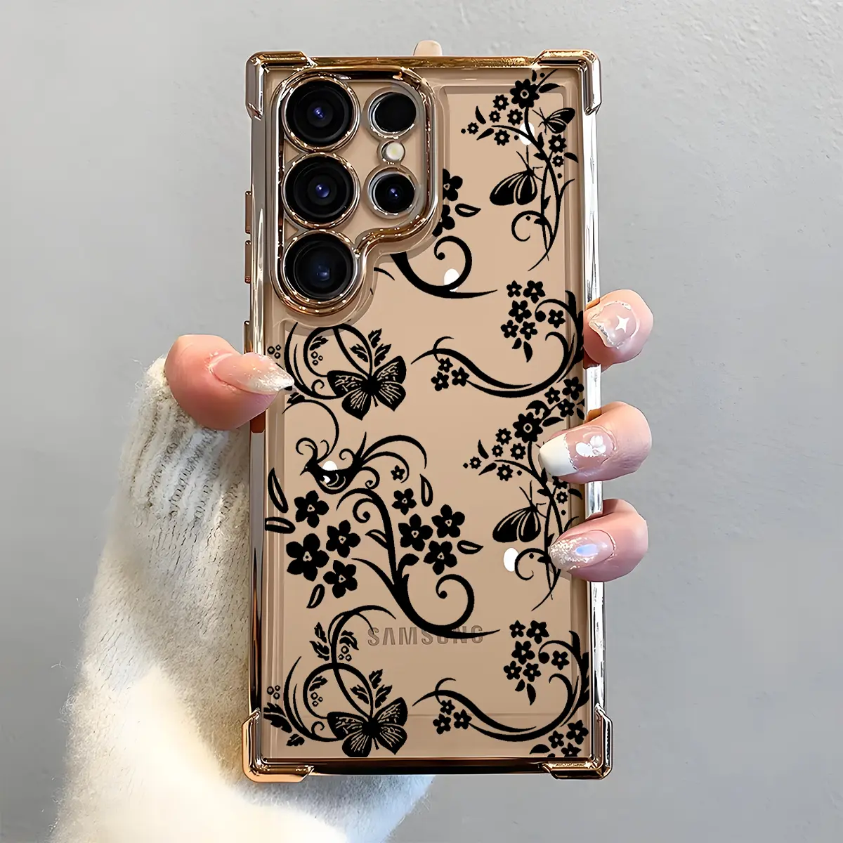 Elegant Floral Vines Pattern Phone Case, Electroplated Cover with Airbag Shockproof Slim Soft TPU Cover for Samsung S26 S25 S24 S23 S22 Ultra S25Edge S24FE Plus S25+