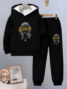 Boys' Trendy Letter Print Hoodie Set, Slim-Fitting Long Sleeve Sweatpants, Casual Spring & Fall Clothing, Comfortable and Durable