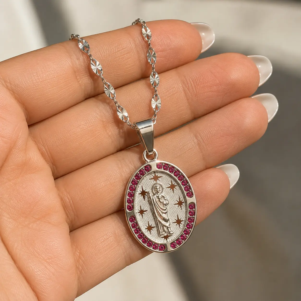 S925 Silver Elegant San Judas Pink Halo Pendant with 18'' Valentine Chain, Silver Necklace Jewelry for Her