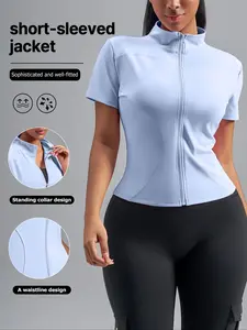 Women's Short Sleeve Zipper Sports Jacket, Slim Fit Stand Collar Gym Top, Sporty Style All Season Wear, Plain Pattern Fabric, Athletic Jackets