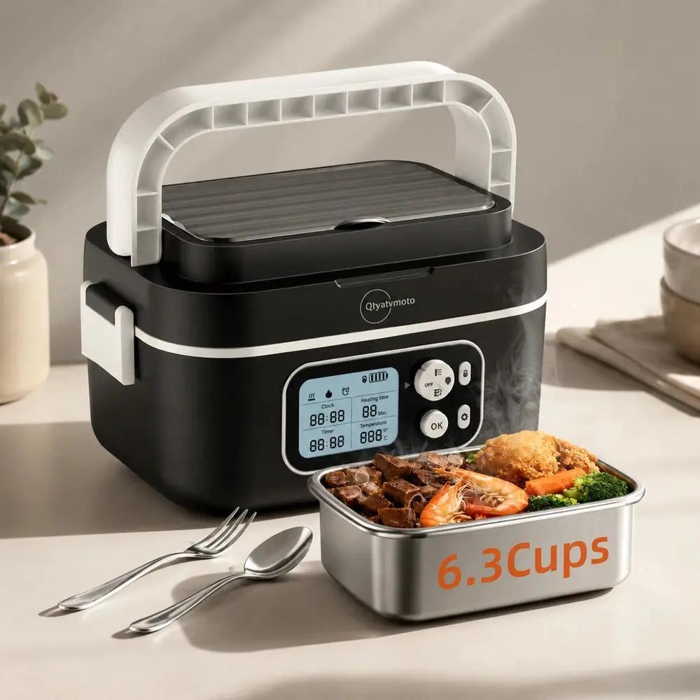 Cordless Electric Lunch Box with Power Bank, 8000mAh Rechargeable Self-Heating Food Warmer, 1.5L, Black