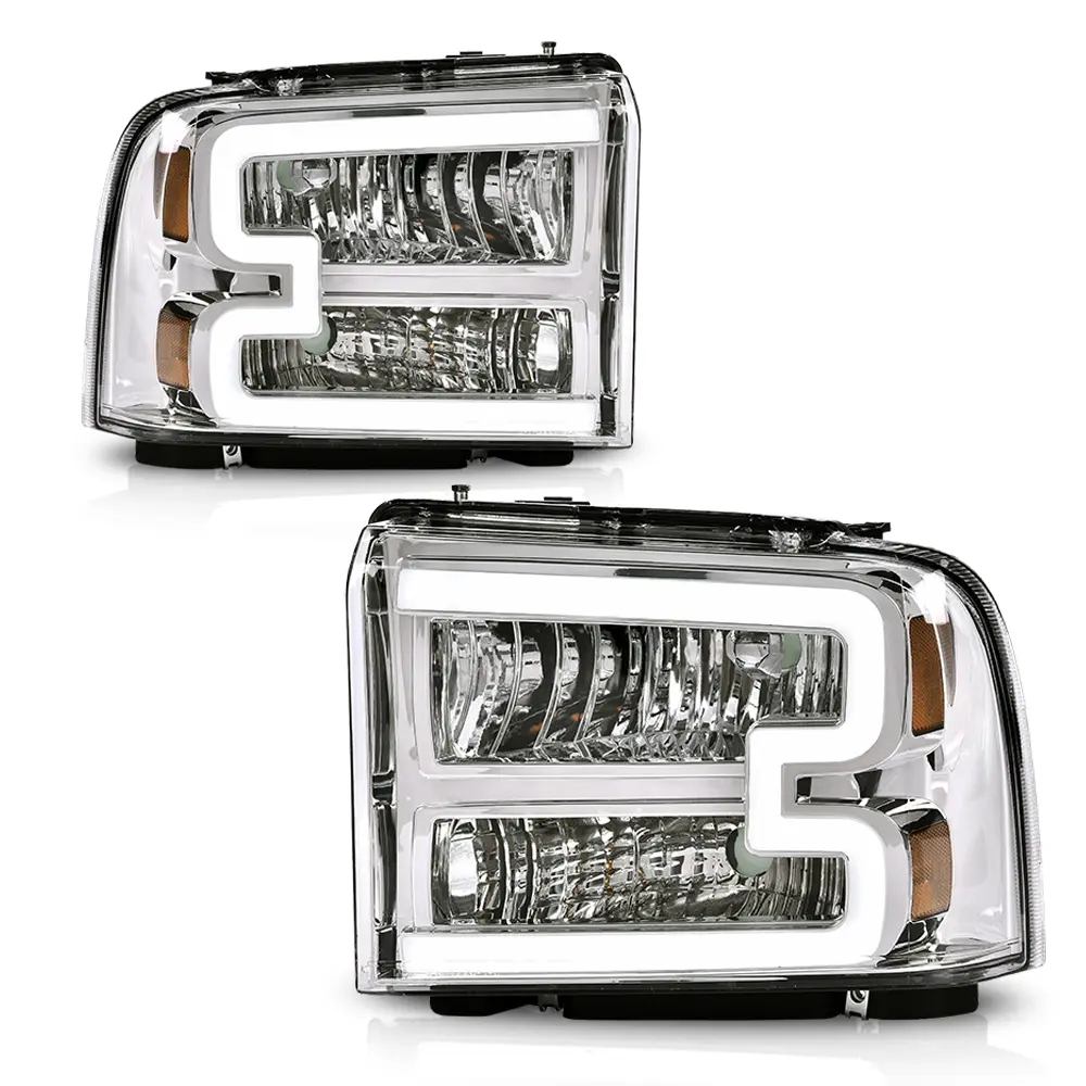 Chrome Amber Lens LED DRL Headlight Kit with LED Driving Lights, Fit for 05-07 Ford F250 F350 F450 F550 Super Duty (LH+RH Pair)