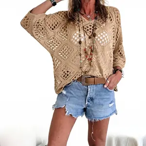 Women's Boho Crochet Knit Sweater 100% Cotton V Neck Long Sleeve Hollow Out Pullover Top Casual Beach Cover Up