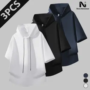 Men's 3-Pack Plain Short-Sleeve Hoodie Pullover Set, Drawstring Hood, Loose-Fit Menswear Sweatshirts, Classic Streetwear for Daily Outings, Gym