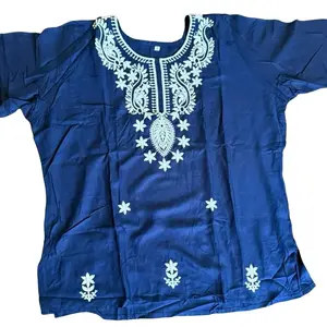 New Arrival Rayon Chikankari Embroidered Work Blue Top with White Floral Designs