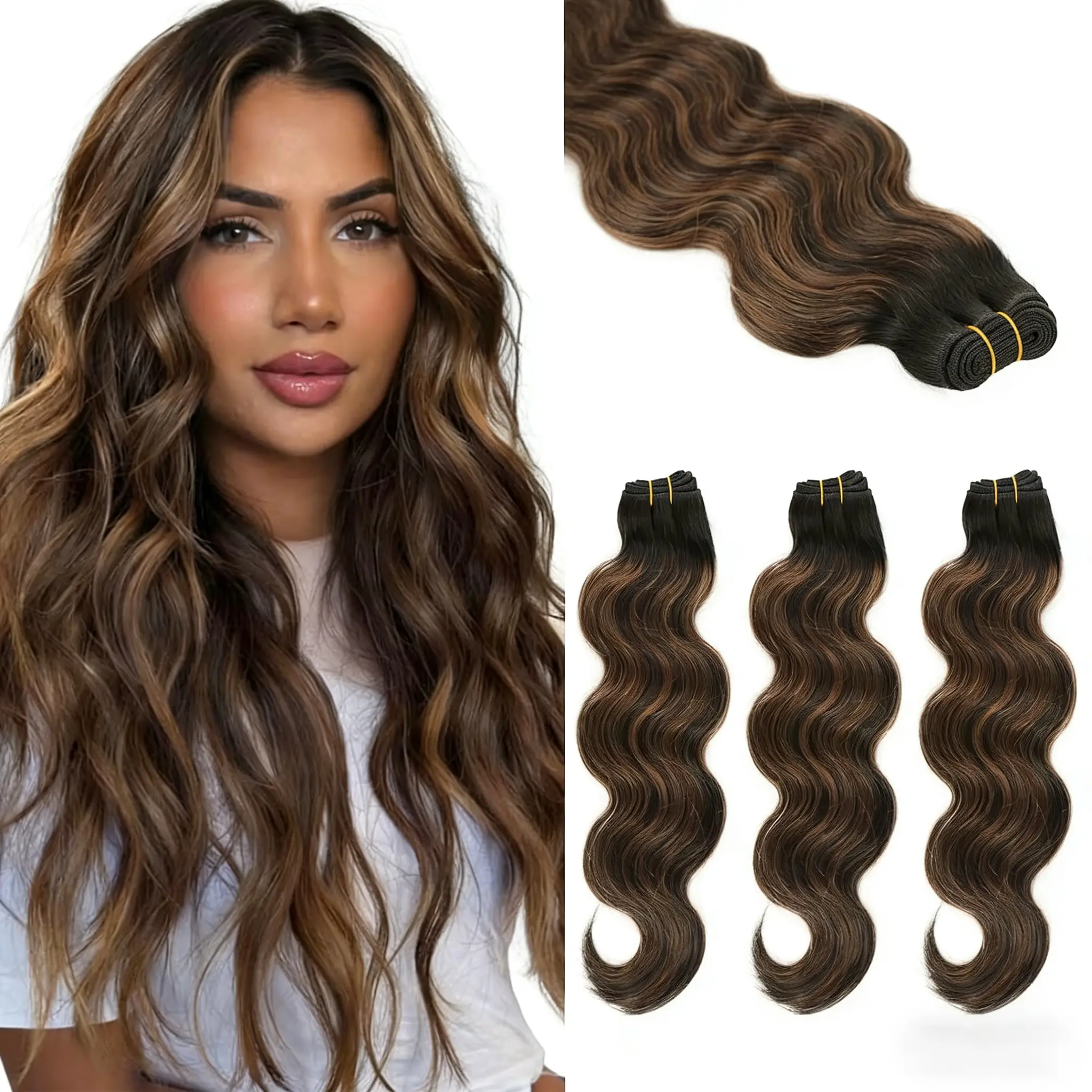 Balayage Human Hair Extension Bundles, 100% Real Remy Body Wave Weave in Natural Black to Chestnut Brown, 110g 20 Inch Double Weft, Natural Wavy Hair, Hair Bundles