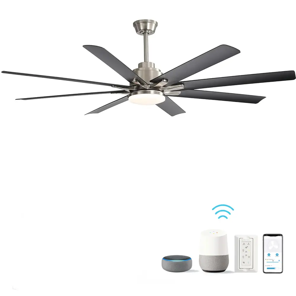 66-Inch Large Commercial & Residential Ceiling Fan with 8 ABS Blades, 18W Dimmable LED Light, Smart Remote & Voice Control, Reversible DC Motor, Downrod Mount, Compatible with Amazon Alexa for Contemporary Home Decor, Restaurant, Loft