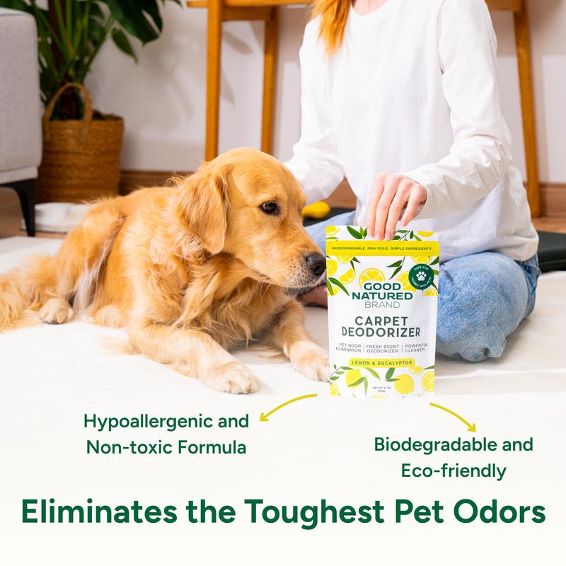 Good Natured Brand | Carpet Deodorizer & Freshener Powder | 31 oz Pet Odor Eliminator for Strong Odor & Pet Urine | Fresh Natural Lemon & Eucalyptus Scent | Safe for Homes with Pets