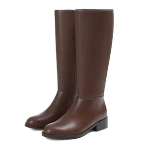 Knee High Boots Women Fashion Leather Boots with Round Toe Low Heel Flats Side Zip Stretch Long Tall  wine Red Browen Boot for Fall Winter cowgirl