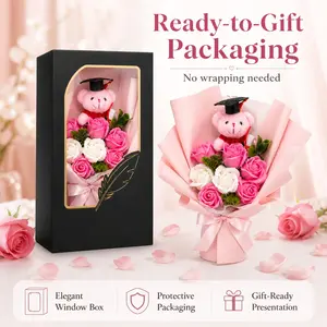 Graduation Bear Soap Flower Bouquet Gift Box, Pink White Rose Artificial Flowers with Teddy Bear & Graduation Cap, Ready-to-Gift Window Packaging for Her, Friends, Classmates, Teachers, Graduation Ceremony Keepsake