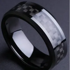 Fashion 8mm Men Black Stainless Steel Rings Vintage Inlaid Black Carbon Fiber Rings For Men Women Wedding Band Jewelry Accessories