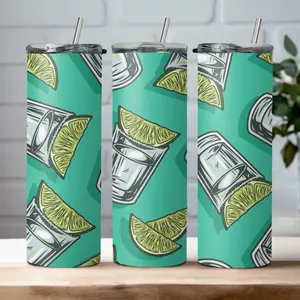 20oz Happy Hour Shots Stainless Steel Tumbler Water Bottle Cup  Mug with Silicone Bottom, Metal Straw and Straw Cleaner - Drinkware, Lightweight skinny tumbler. Great for trips, vacation, girls night, happy hour. Tequila