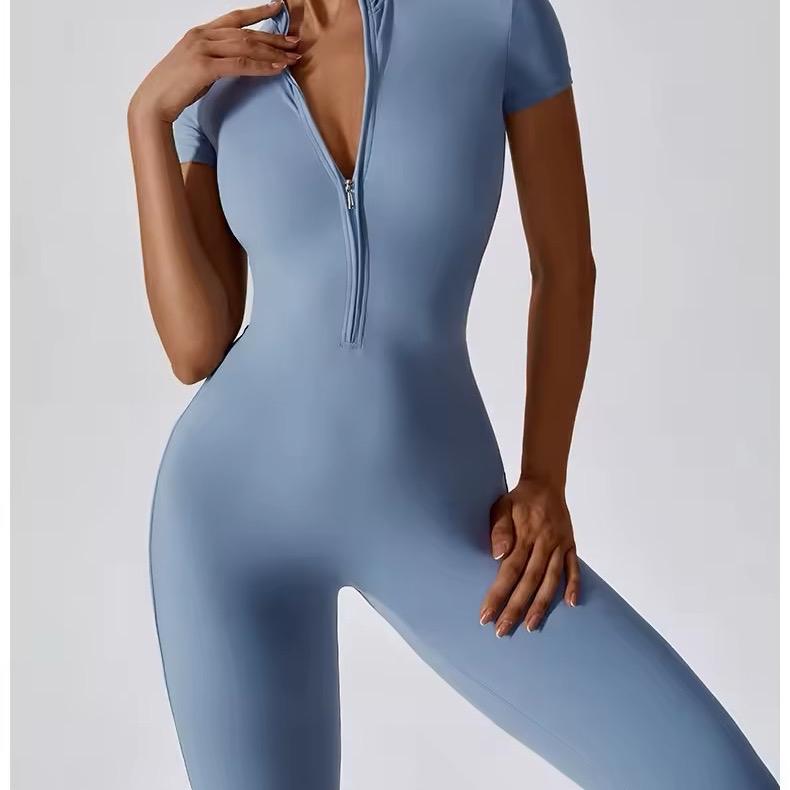Yoga Set Women's Jumpsuits One-Piece Suit with Zipper Short Sleeve, Fitness Bodysuit, and Tracksuit for Workout