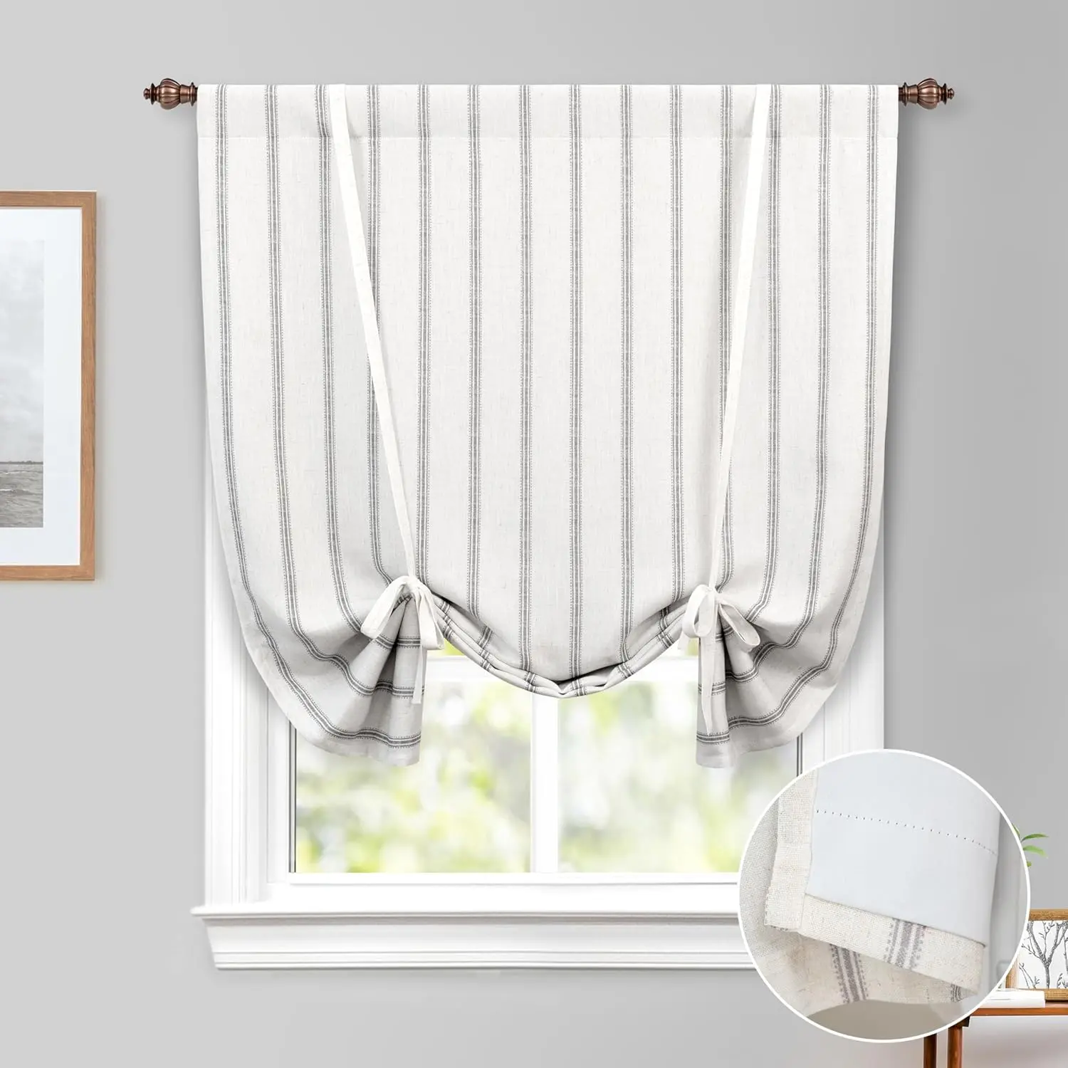 Farmhouse Double Layer Linen Blackout Tie Up Curtains Thermal Insulated Vertical Striped Fully Lined Balloon Roman Shade Bathroom Window Adjustable Rod Pocket 45 Inch by 63 Inch Gray