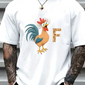 Vibrant Cartoon Rooster with Glittery Gold F Graphic Tee - Casual Streetwear Style 100% Cotton Short Sleeve T-Shirt, Super Soft and Breathable Summer Top for Men Women - Unique Art Print Crew Neck Shirt Perfect for Outdoor Urban Fashion