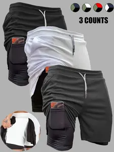 Men’s 3-Pack Double-Layer Quick-Dry Summer 2-in-1 Bermuda Athletic Shorts — Fitness & Casual Running, Phone-Pocket Friendly, Stretch, Breathable