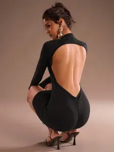 SHEIN Glamour Sexy Deep V-Neck Ruched Backless Knit Long Sleeve Mini Dress, Women's Autumn/Winter/Back To School/Outing/Wrap/Formal/Romantic Dress Open Back Dress Black Club Dress Black Backless Dress Black Tight Dress, Christmas