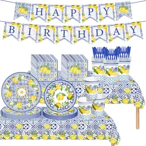 171 Count Disposable Tableware Birthday Party Supplies Capri Lemon Paper Plates Napkins Cups Plastic Tablecloths Tableware Set Birthday Party Decorations Serves 24 Guests (Lemon)