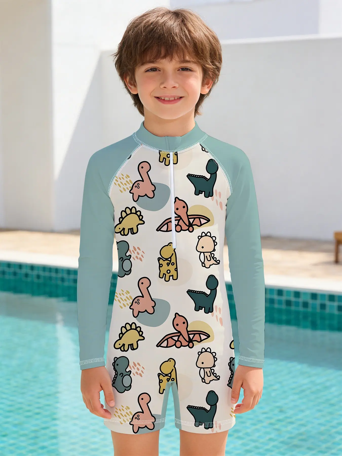 Boys' one-piece swimsuit, Dinosaur printed swimsuit, Cute Cartoon Dinosaur Style with Morandi color raglan design, stand-up collar with zipper, long-sleeve sun-protective one-piece cut, suitable for swimming in the pool, seaside vacations