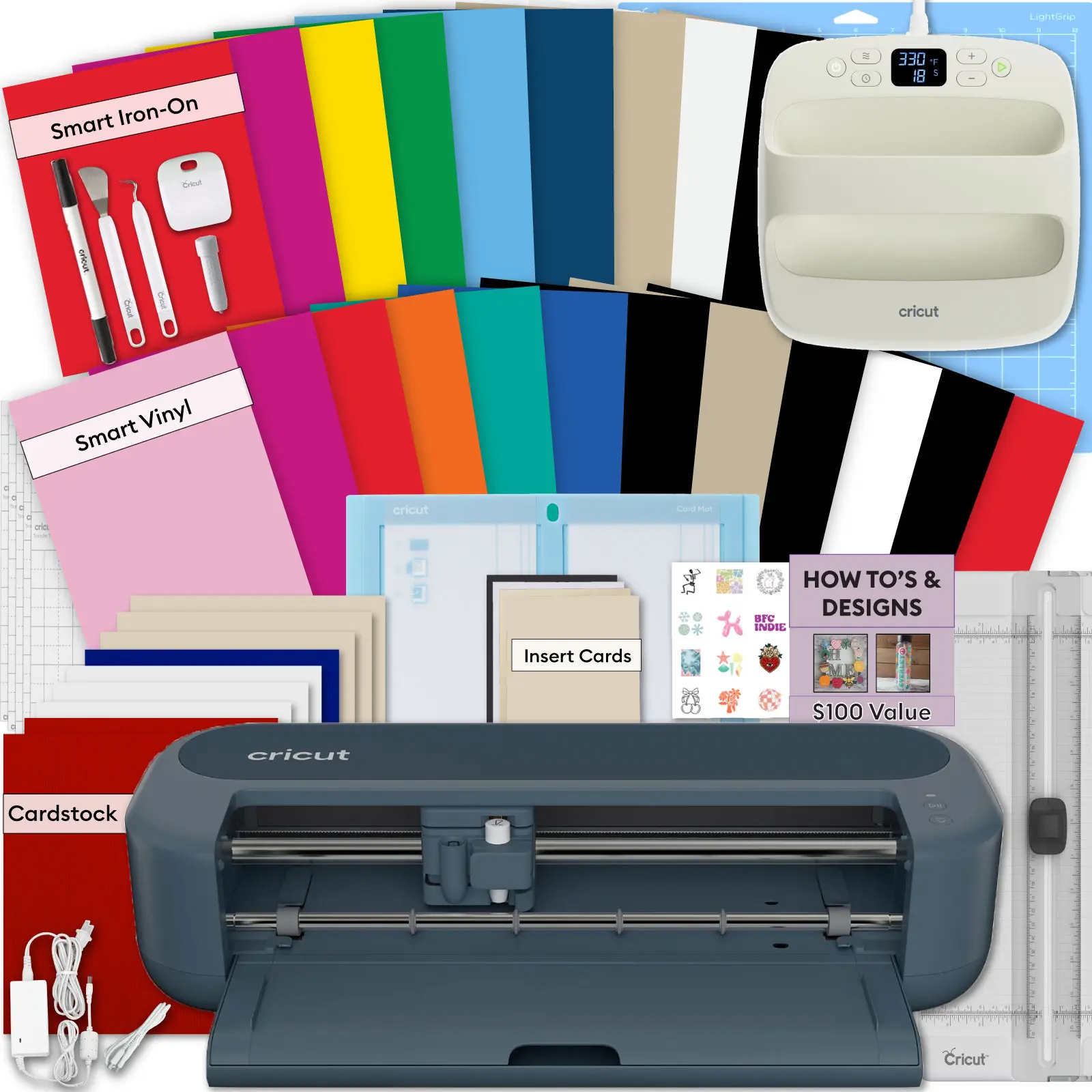 Cricut Maker 5 Cutting Machine + EasyPress Heat Press With Smart Vinyl & Heat Transfer Vinyl Bundle for Decals & Shirts