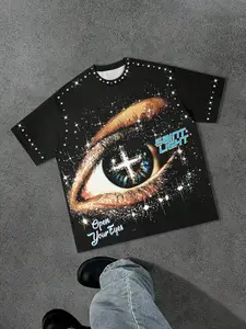 Unisex Dark Gothic Eye Print Short Sleeve T-Shirt, Imitation Rhinestone Birdseye Fabric, Street Style, Loose Fit, Long Length