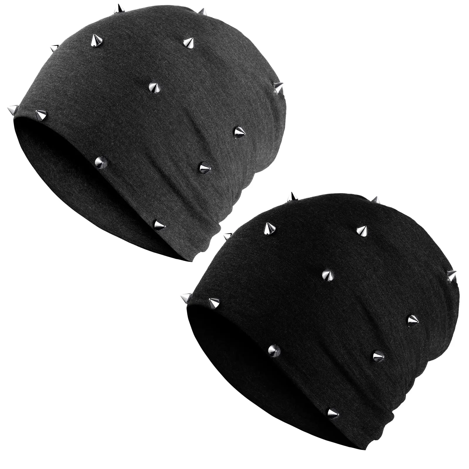 Winter Gothic Hat 2 Pieces Unisex Goth Beanie Rivet Rock Punk Hat Stud Spike Hats for Men Women, Black Gray
