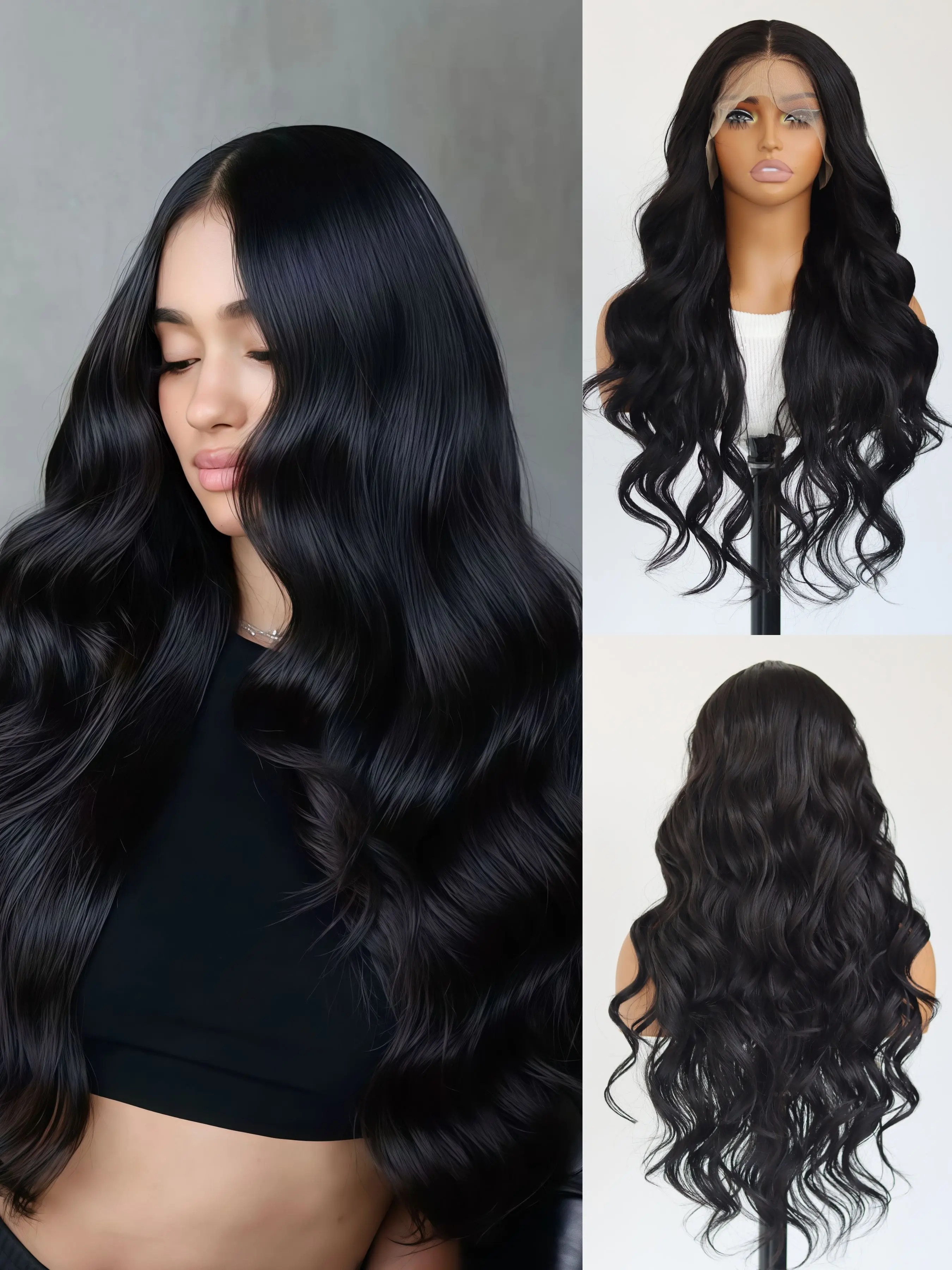Black wavy wig, 13x4 lace forehead wig, pre-exposed hairline synthetic wig, black Valentine's Day wavy wig, Valentine's Day pre-date lace wig, women's party cosplay stage, Valentine's Day gift, 28 inches.