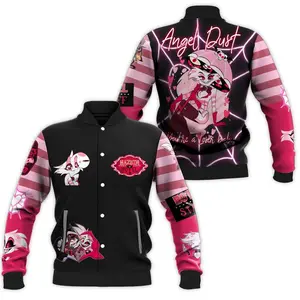 Hazbin Angel Demon Varsity Jacket, Gothic Anime Graphic Streetwear, Dark Animation Inspired Outerwear, Statement Gift For Series Fans