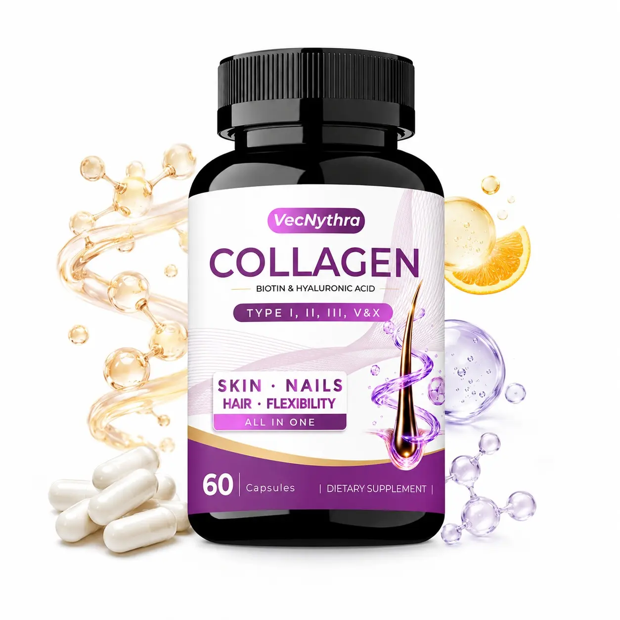 VecNythra Collagen Supplement - Type I, II, III, V and X - with Biotin, Vitamin C, Hyaluronic Acid for Beauty, Fitness, & Healthcare - 60 Capsules