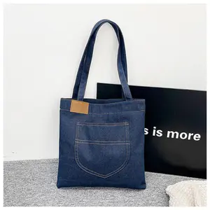 Denim Tote Bag for Women, Large Capacity Shoulder Bag with Zipper Closure, Casual Jean Handbag with Front Pocket, Lightweight Everyday Tote for Work, Shopping, Travel, Dark Blue