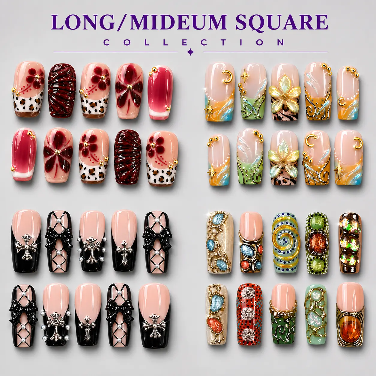 NAILCOUTURE Luxury Handmade 3D Nail Art Reusable Press On Nails | Long & Medium Almond Stiletto Square Coffin Olval Sculpted Gel Nails | Artisan Summer Floral Butterfly Shell Collection