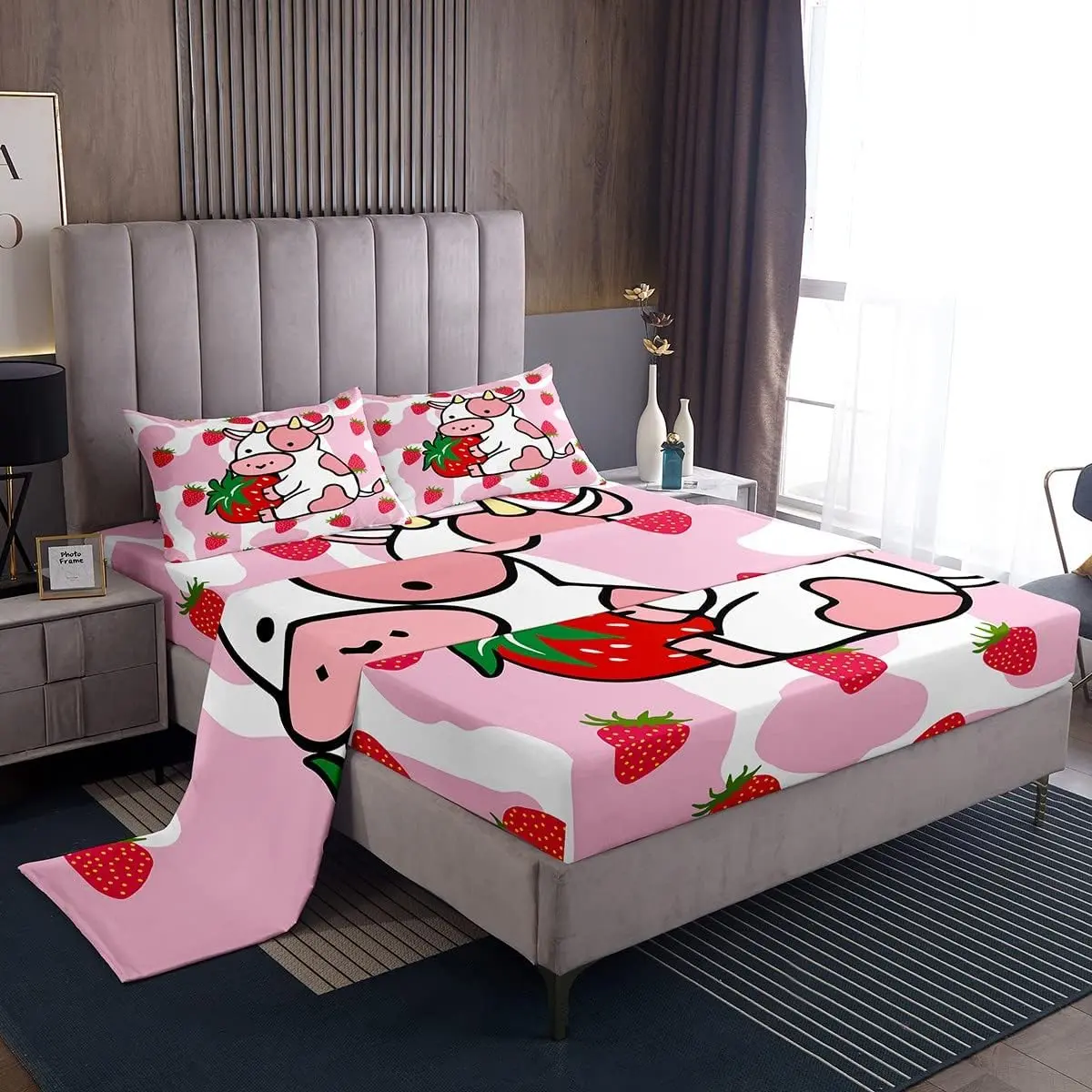 Feelyou Microfiber Comfy Bedding Set with Fitted Sheets - Pink White Cow Strawberry Pattern, Ultra Soft, Breathable, Durable, Machine Washable, Kawaii for Girls' Full/King Size Room Decor