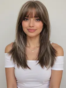 Fashionable New 18 Inch Dark Brown Long Straight Wigs with Bangs and Highlights, Synthetic Hair Pieces, Synthetic Women's Wigs Suitable for Ordinary Work, Life, Dance Parties and All Occasions