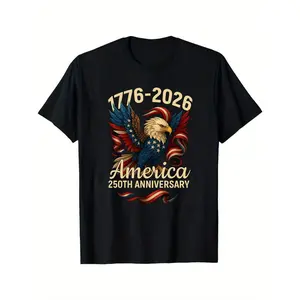 Men's 250th Anniversary Independence Day T-Shirt - 1776-2026. Features a patriotic eagle and American flag design, crew neck, short sleeve, a perfect 250th anniversary gift for July 4th, Independence Day, and American pride apparel.
