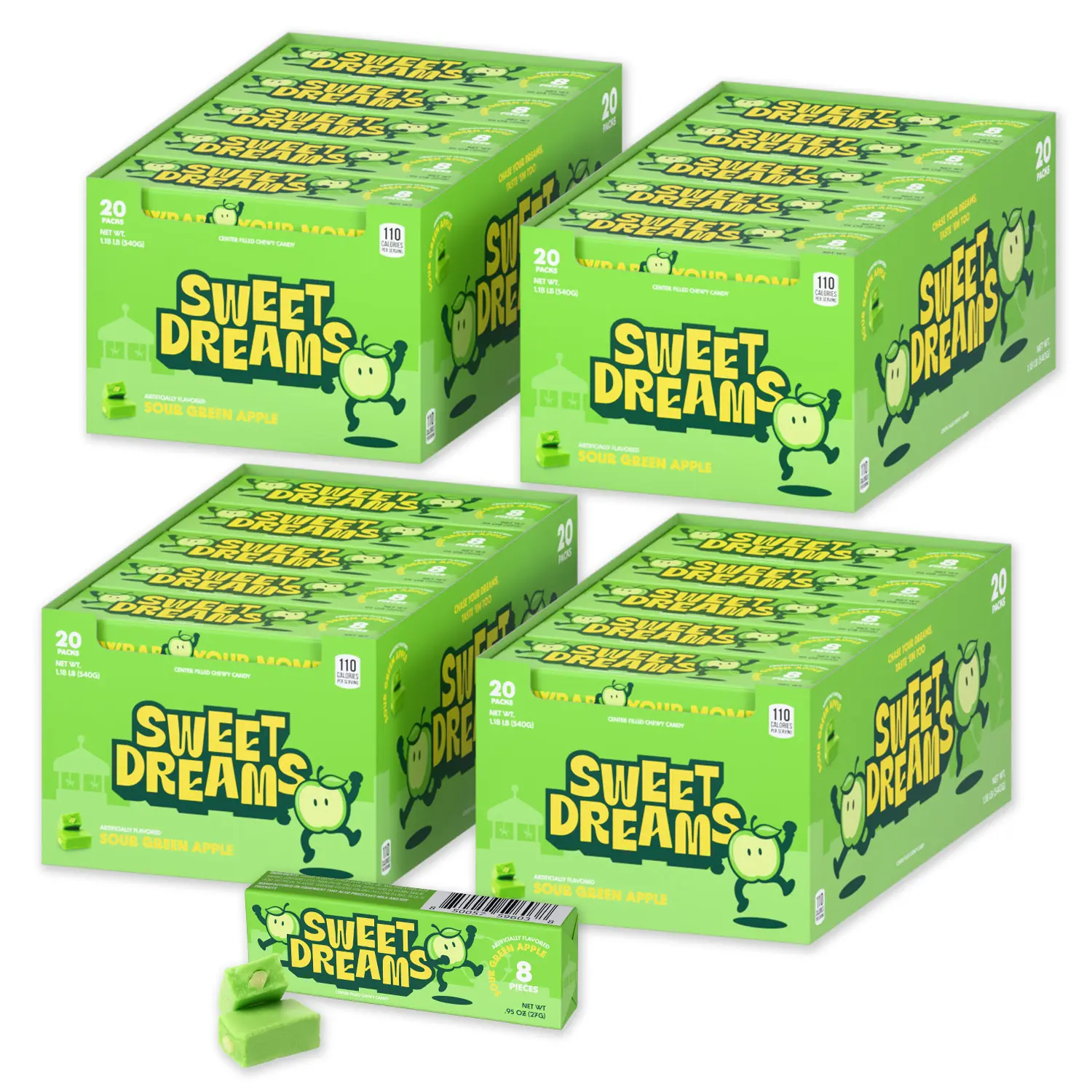 Sweet Dreams Center-Filled Soft Chewy Candy  Gluten-Free Fruit Chews | Green Apple Pack- 20 Sticks Per Box- 8 Pieces Per Stick