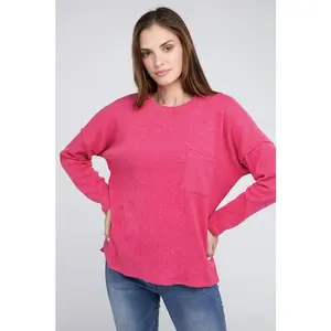 ZENANA Ribbed Brushed Melange Hacci Sweater with a Pocket