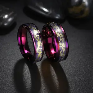 Fashion Purple Dragon Phoenix Stainless Steel Couple Rings Inlay Purple Carbon Fiber Rings For Men Women Wedding Party Jewelry
