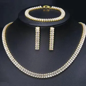 3 PC Tennis Necklace, Bracelet & Erring Set with Earrings and Studs, Gold Finish, Elegant Design, perfect wedding necklace 28”, bracelet 7” plus 1” extension