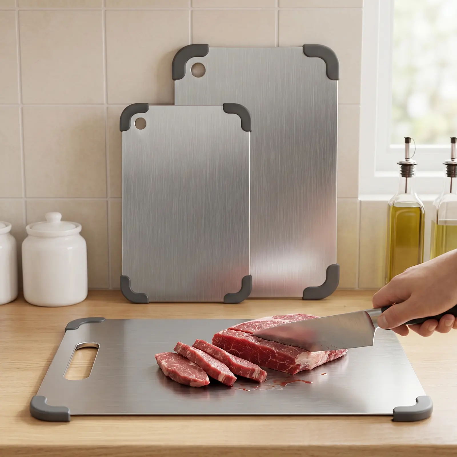 LOVEWE 304 Stainless Steel Chopping Board Set, 3-Piece Cutting Boards for Kitchen, Meat, Vegetables, Fruit & Food Prep